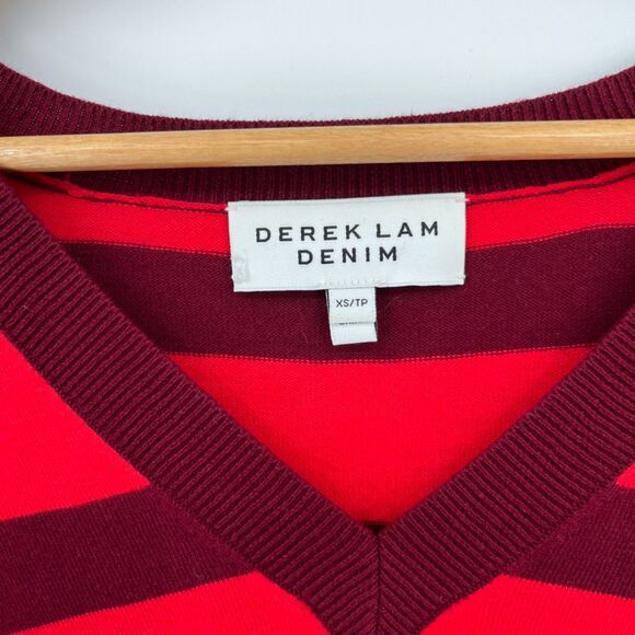 Derek Lam Striped V-neck Sweater in Red, Size XS, Hi-Low Cotton Cashmere - Picture 9 of 11